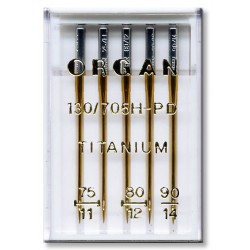 Machine Needles ORGAN TITANIUM 130/705H - Assort - 5pcs/plastic box (75:2, 80:2, 90:1pcs)